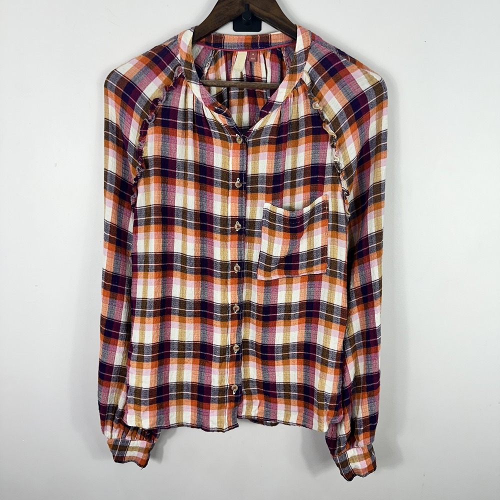 Pilcro Plaid Button Up Shirt Women Medium Ruffle Cottage Academia Preppy Western